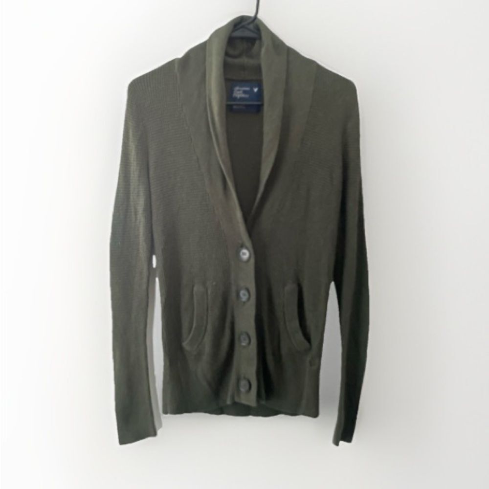 Vintage American Eagle Womens Y2K Waffle Knit Cardigan Sweater Sz S Olive Preppy